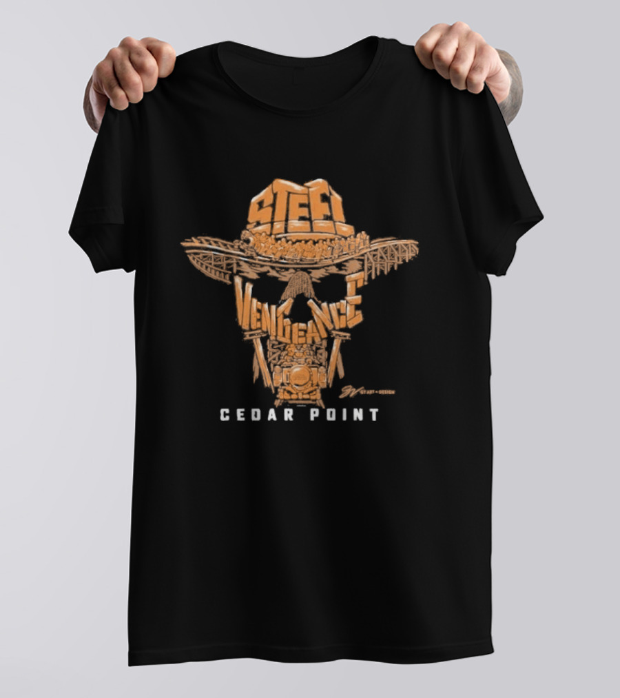 Cedar Point Steel Vengeance Orange Skull Logo & GV Wordscape T-Shirt