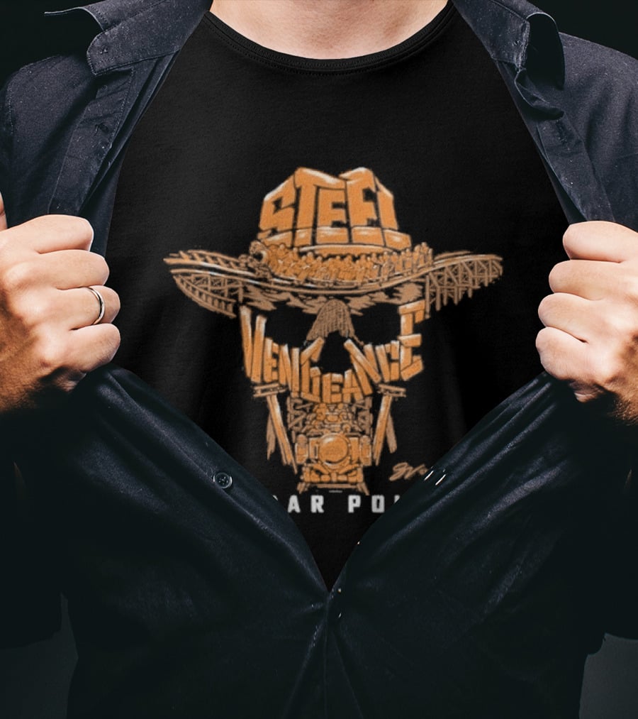 Cedar Point Steel Vengeance Orange Skull Logo & GV Wordscape T-Shirt