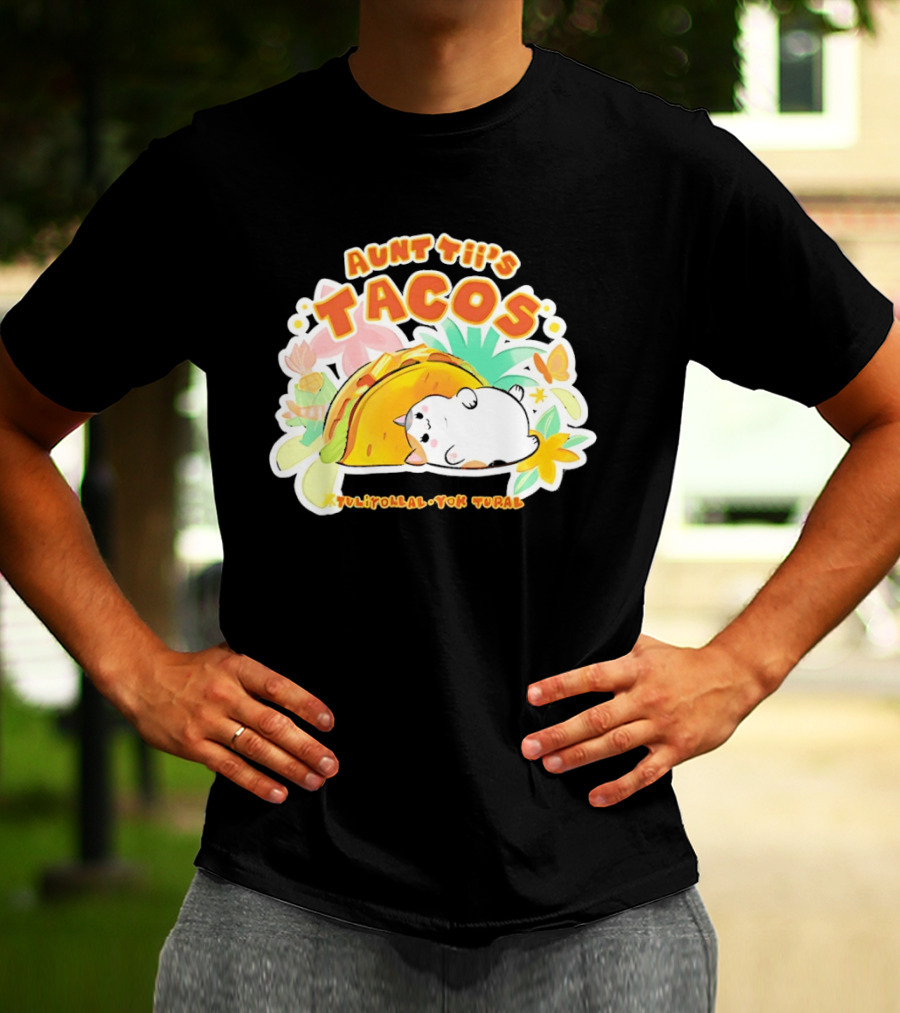 Aunt Tii's Tacos Cat Tulitollal Yok Tural Vibrant Fiesta Floral Burst T-Shirt