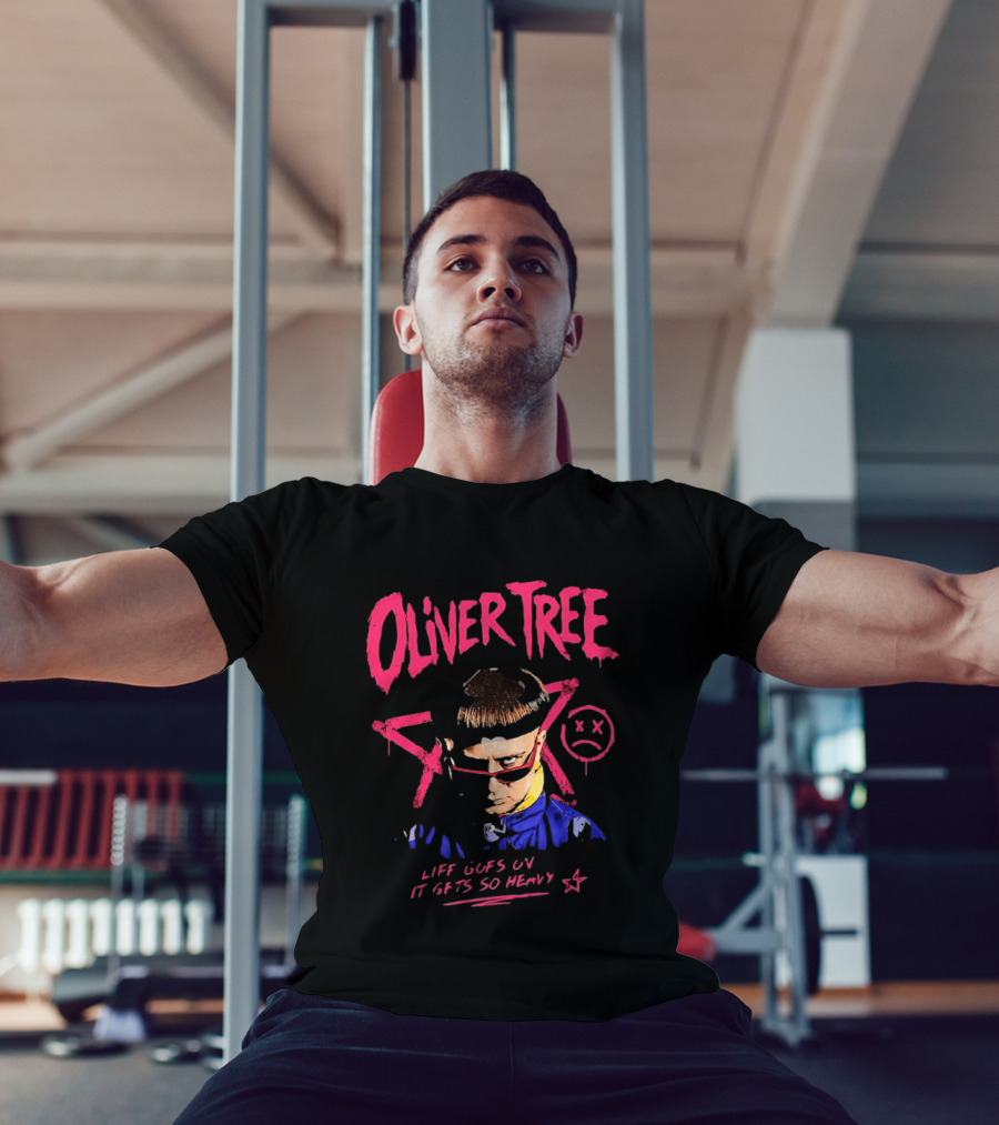 Oliver Tree Life Goes On It Gets So Heavy X Symbol Pink Text Sad Face T-Shirt