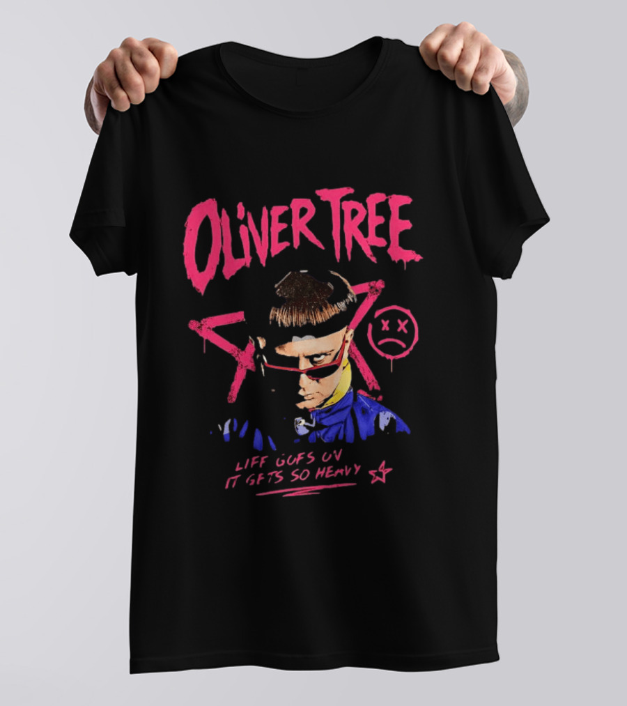 Oliver Tree Life Goes On It Gets So Heavy X Symbol Pink Text Sad Face T-Shirt