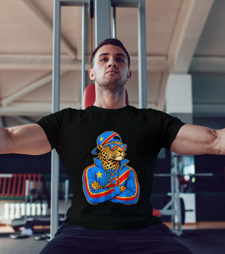 DR Congo Flag Colors Leopard In Hip Hop Style Outfit T-Shirt