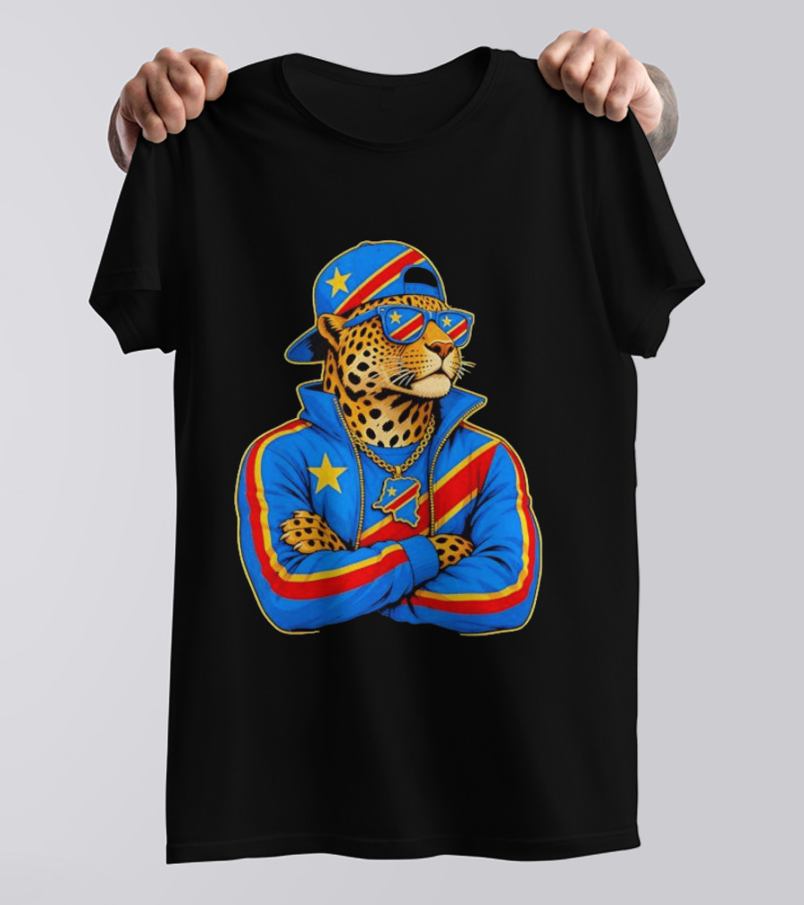 DR Congo Flag Colors Leopard In Hip Hop Style Outfit T-Shirt