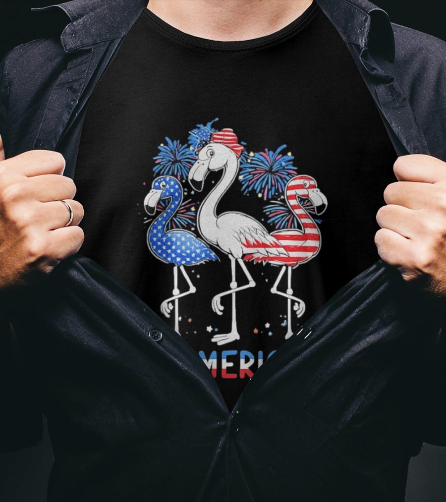 Flamerican Flamingo Fireworks Patriotic Fourth Of July T-Shirt