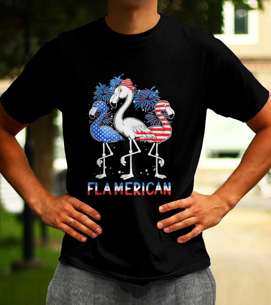 Flamerican Flamingo Fireworks Patriotic Fourth Of July T-Shirt