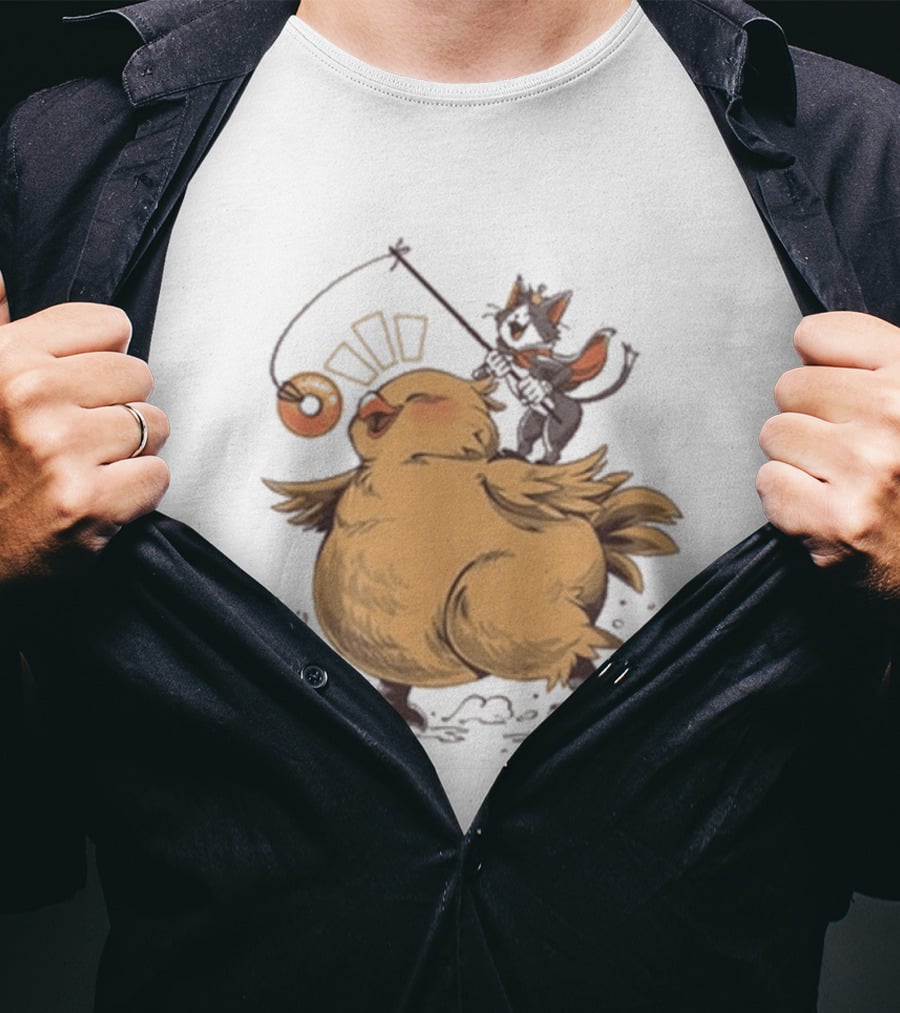 Chocobo Riding Cat Wizard With Donut Lure Delight T-Shirt