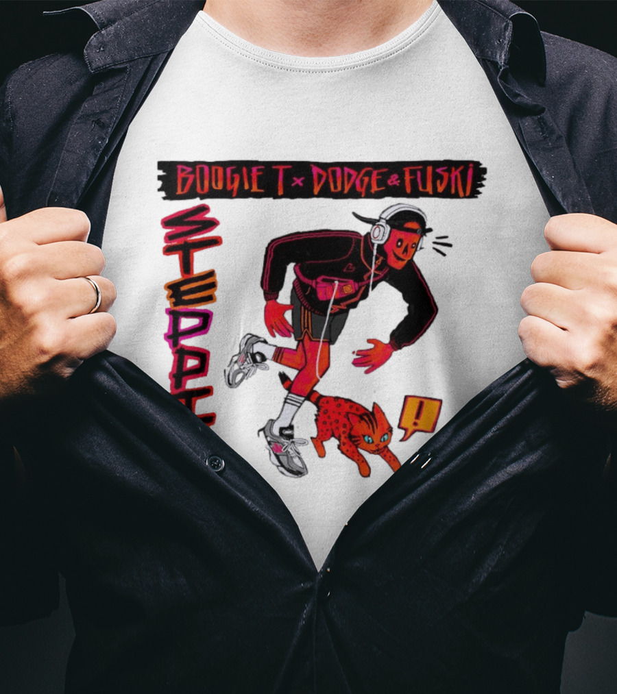 Boogie X Dodge And Fuski Steppin Drama Club Cat With Headphones And Sneakers T-Shirt