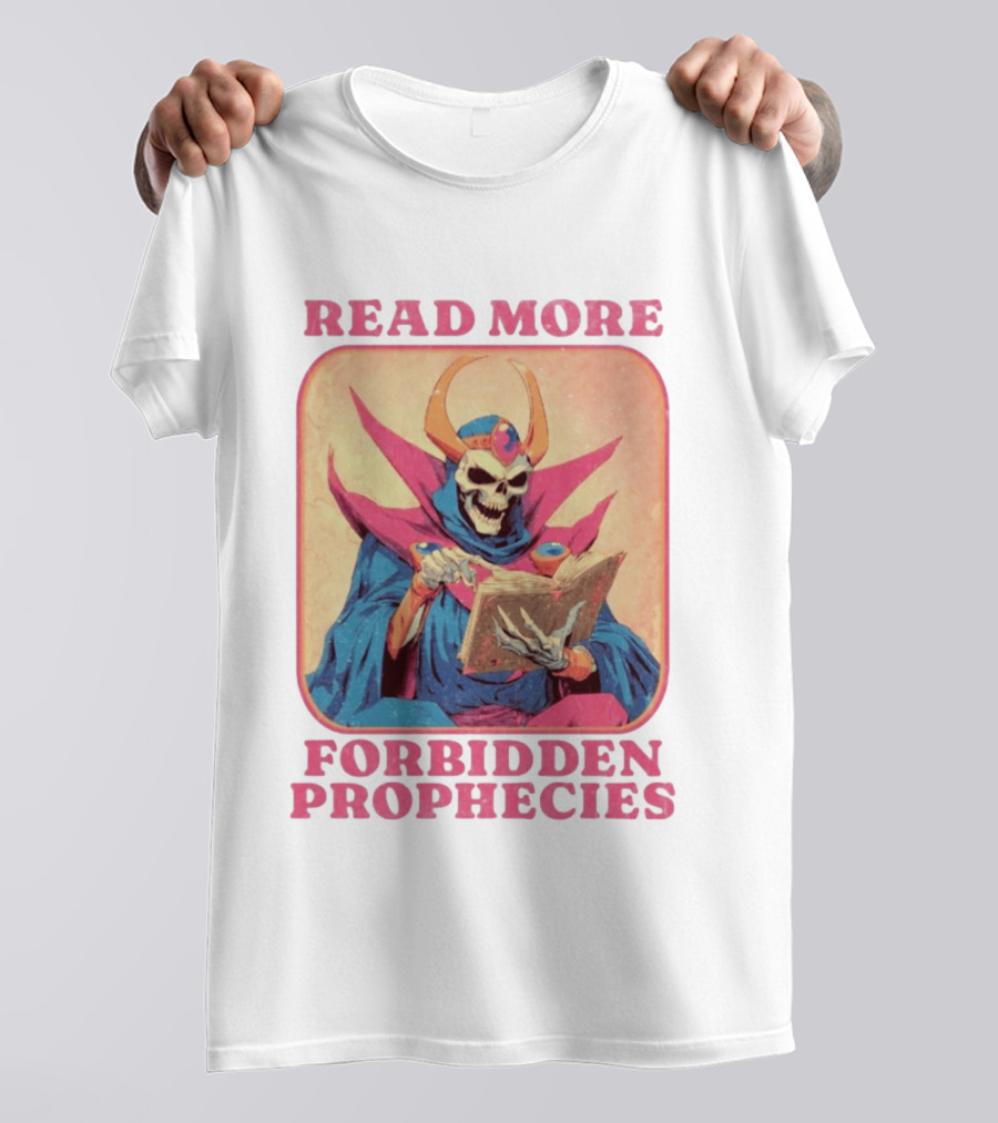 Read More Forbidden Prophecies Skeleton Cloaked Figure Holding Book T-Shirt