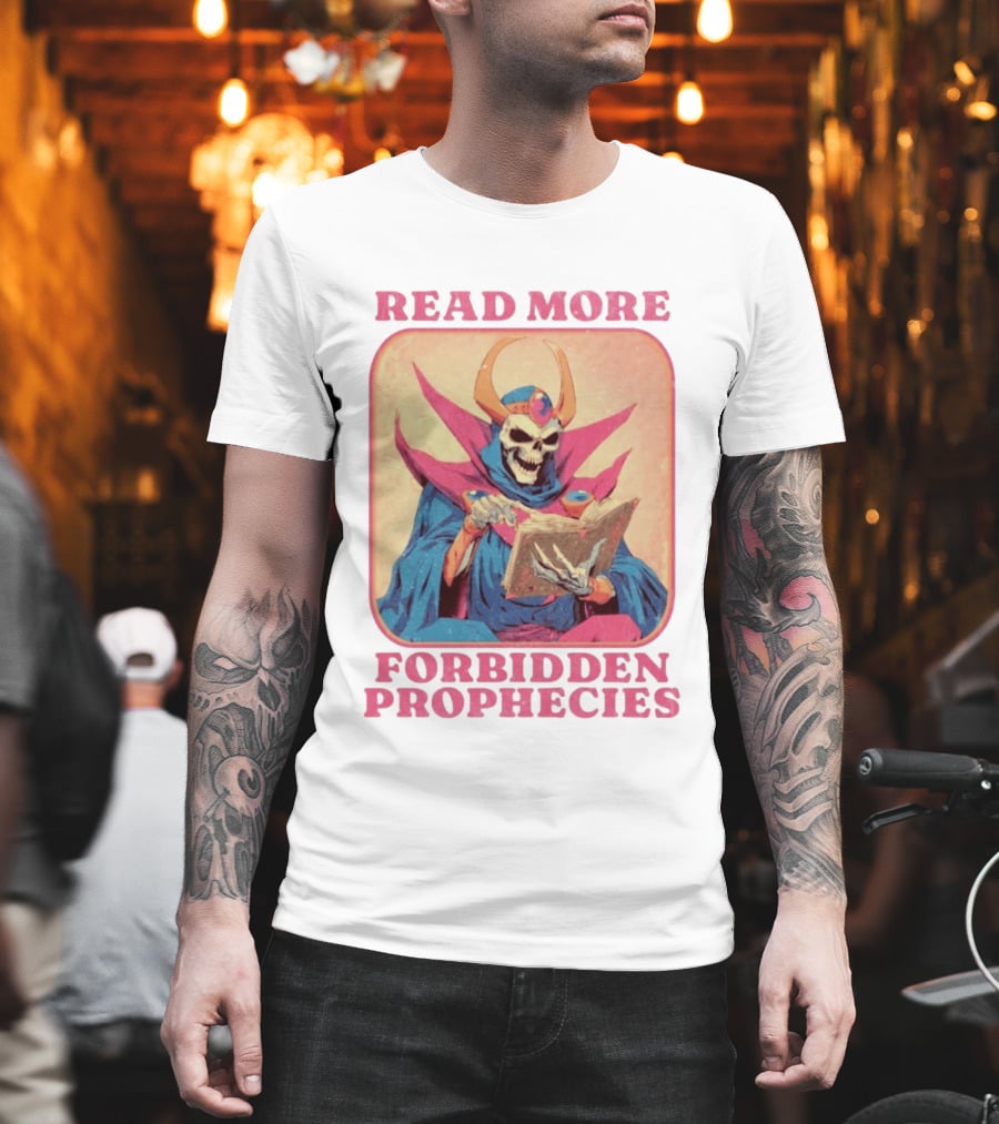 Read More Forbidden Prophecies Skeleton Cloaked Figure Holding Book T-Shirt