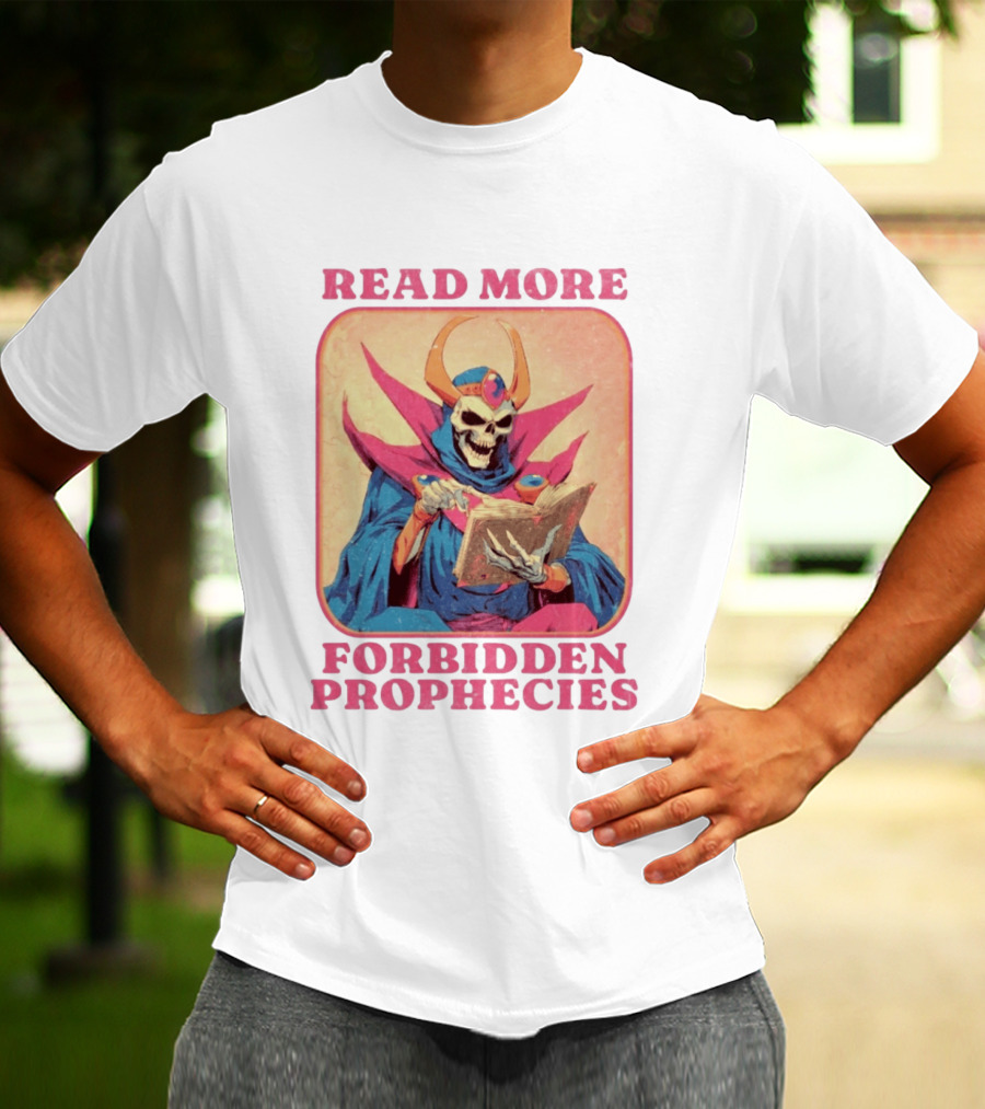 Read More Forbidden Prophecies Skeleton Cloaked Figure Holding Book T-Shirt