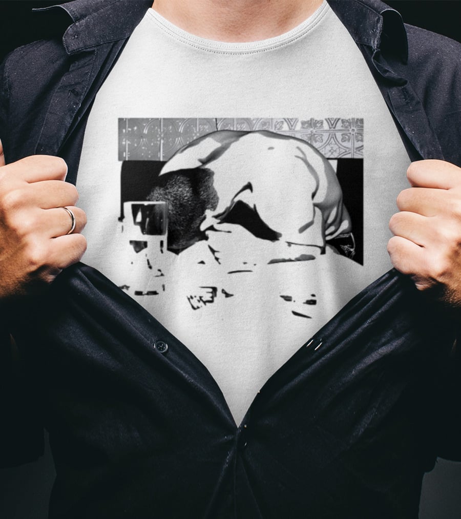 Rough Night Passed Out At Dinner Table Humor Black And White Image T-Shirt
