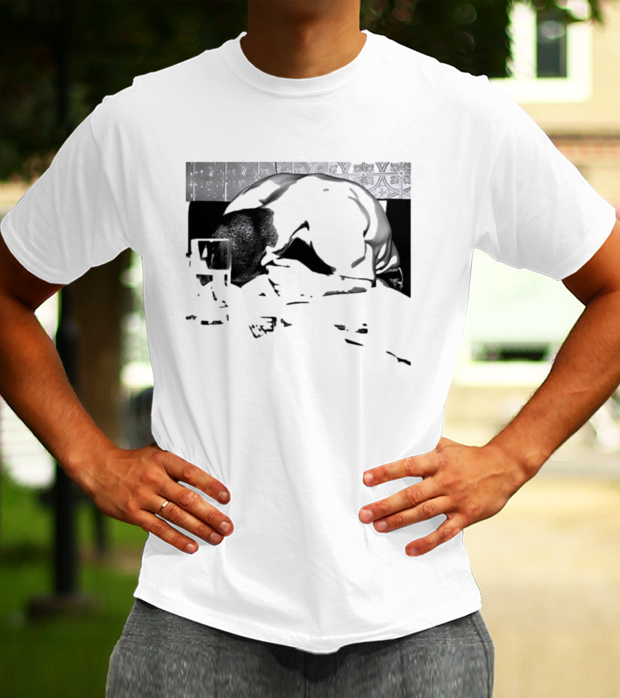 Rough Night Passed Out At Dinner Table Humor Black And White Image T-Shirt