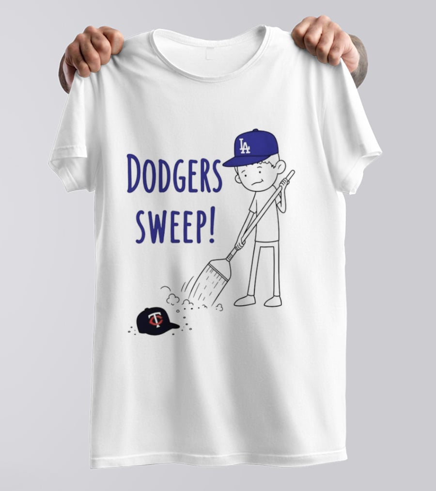 Dodgers Sweep Cartoon Figure In LA Cap Broom Action T-Shirt