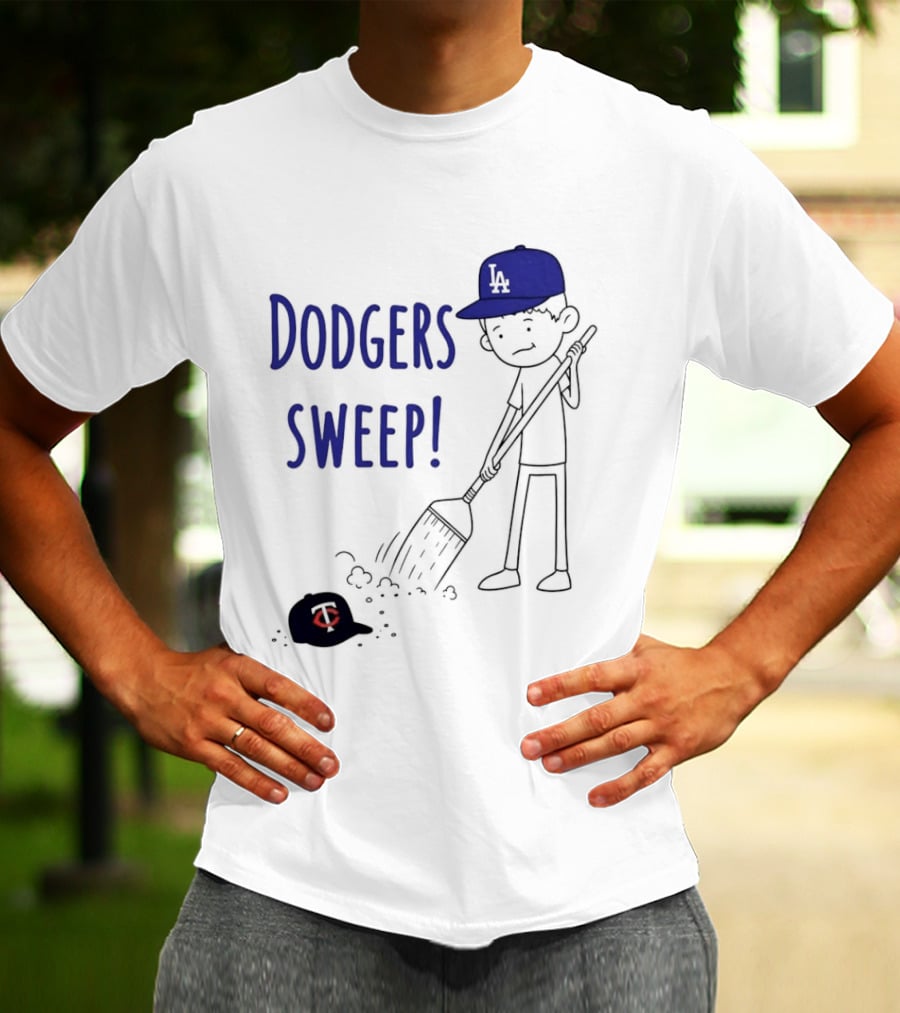Dodgers Sweep Cartoon Figure In LA Cap Broom Action T-Shirt
