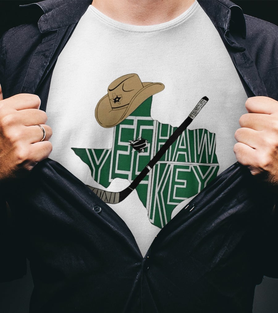 Yeehaw Key Texas Hockey Dallas Stars NHL Cowboy Hat Hockey Stick Map T-Shirt