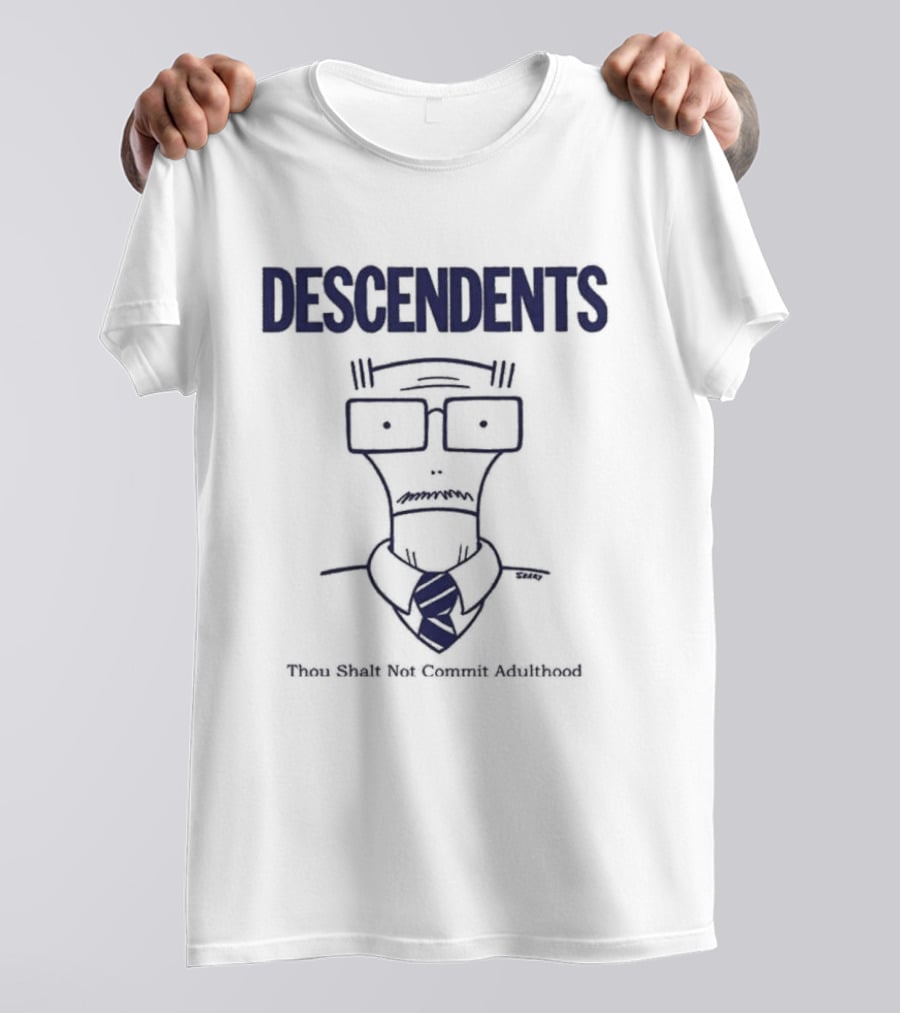 Descendents Thou Shall Not Commit Adulthood Cartoon Character With Glasses And Tie T-Shirt