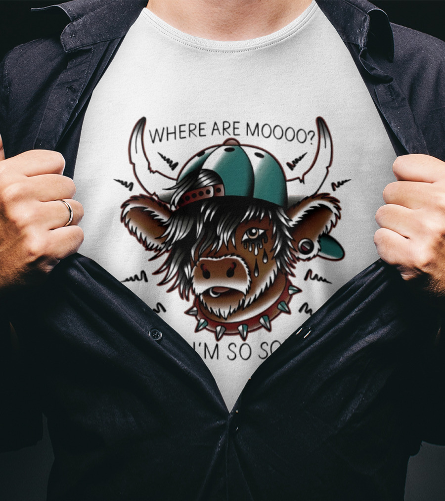 Where Are Moooo And I'm So Sorry Highland Cow With Hat And Piercing T-Shirt