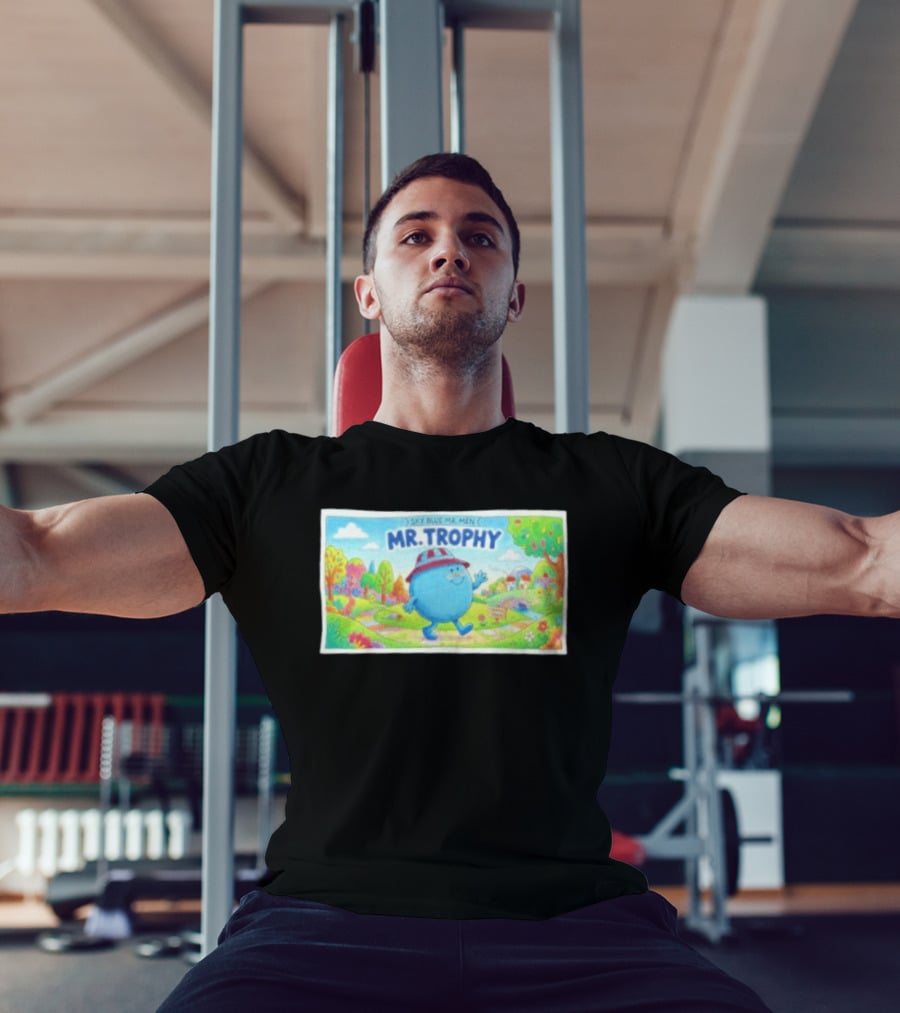 Sky Blue Mr. Men Mr. Trophy Character In Colorful Landscape Scene T-Shirt