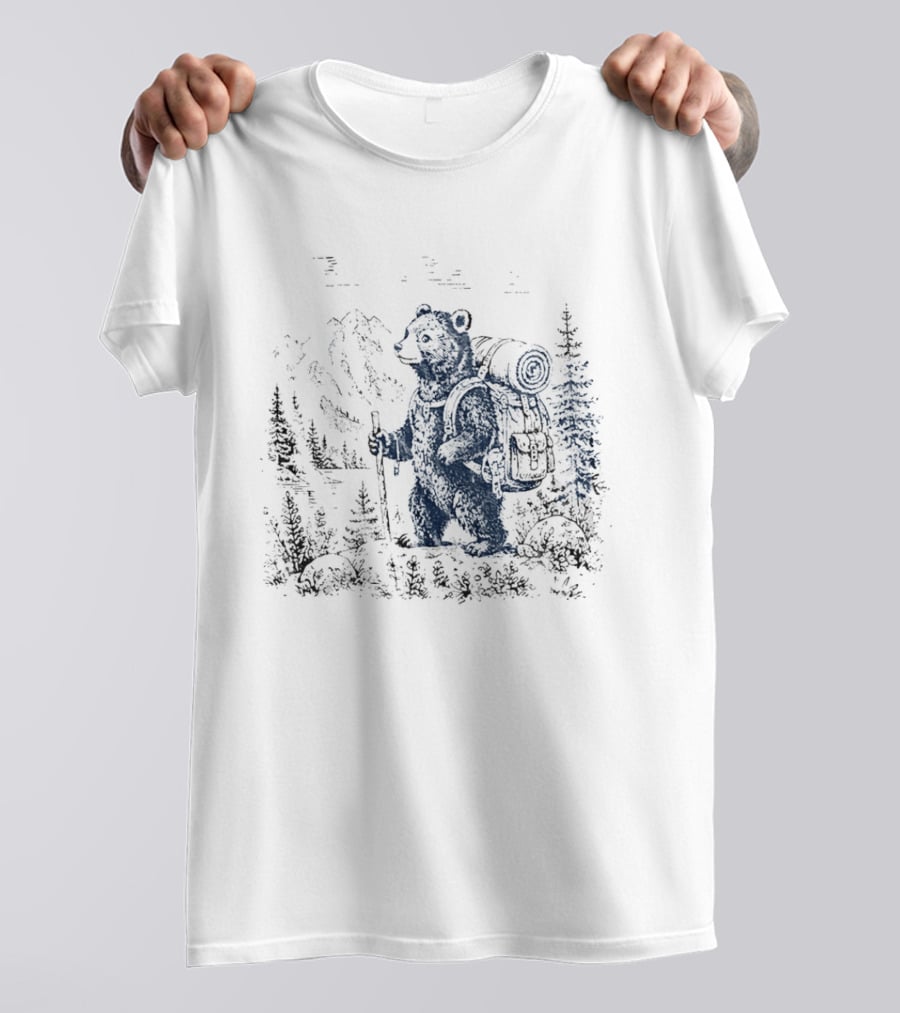 Hiking Bear Trekking Adventure With Backpack And Walking Stick Mountain Forest Scene T-Shirt