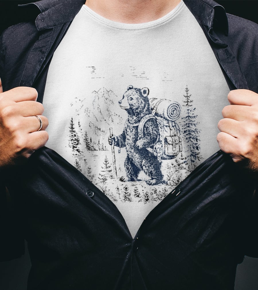 Hiking Bear Trekking Adventure With Backpack And Walking Stick Mountain Forest Scene T-Shirt