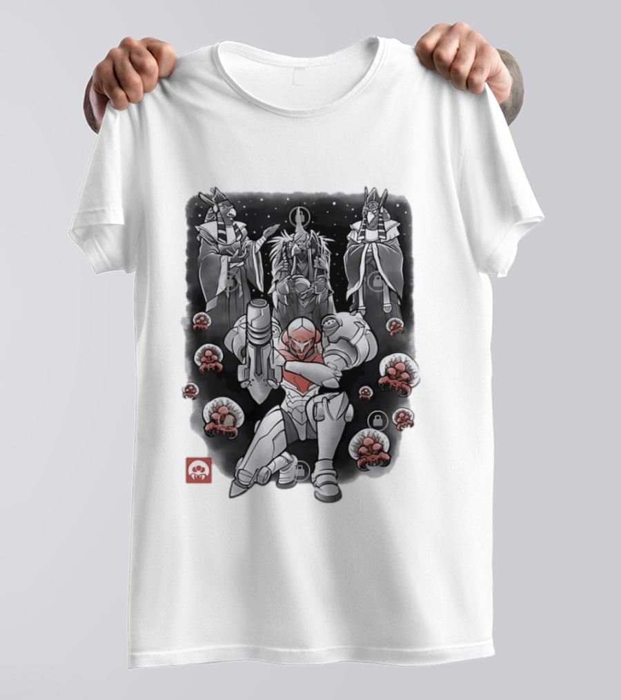 Samus Aran Metroid Sumi E Style Battle Pose With Chozo And Metroids T-Shirt