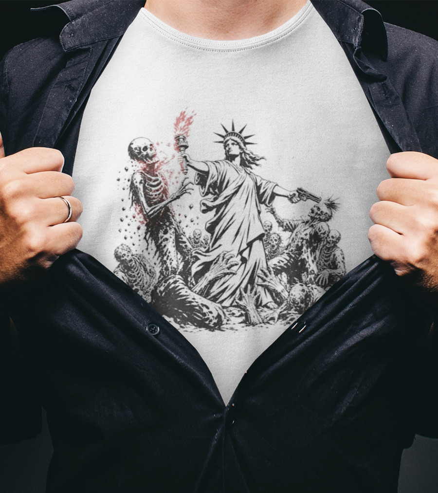Statue Of Liberty Battling Zombies With Torch And Pistol T-Shirt