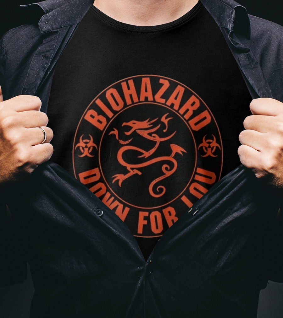Biohazard Down For Lou Dragon Circle Design Orange And Black T-Shirt
