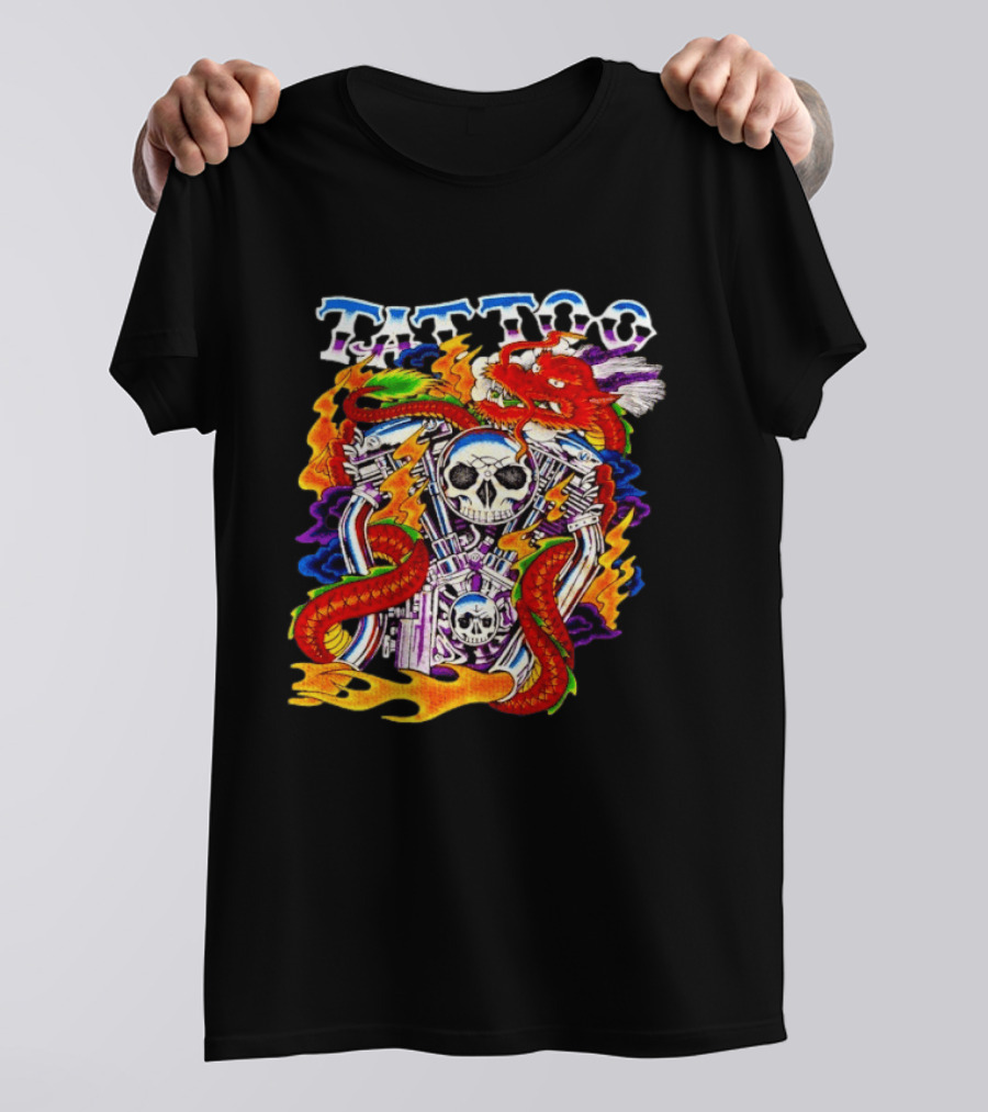 Tattoo Brand Dragon Skull Motorcycle Engine Flames T-Shirt