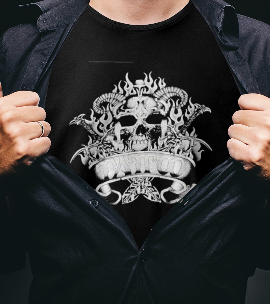 Skull With Horns And Flames Daggers Grim Reaper Tattoo T-Shirt