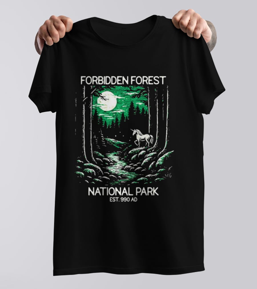Forbidden Forest National Park Est 990 AD Moonlit Unicorn Scene T-Shirt