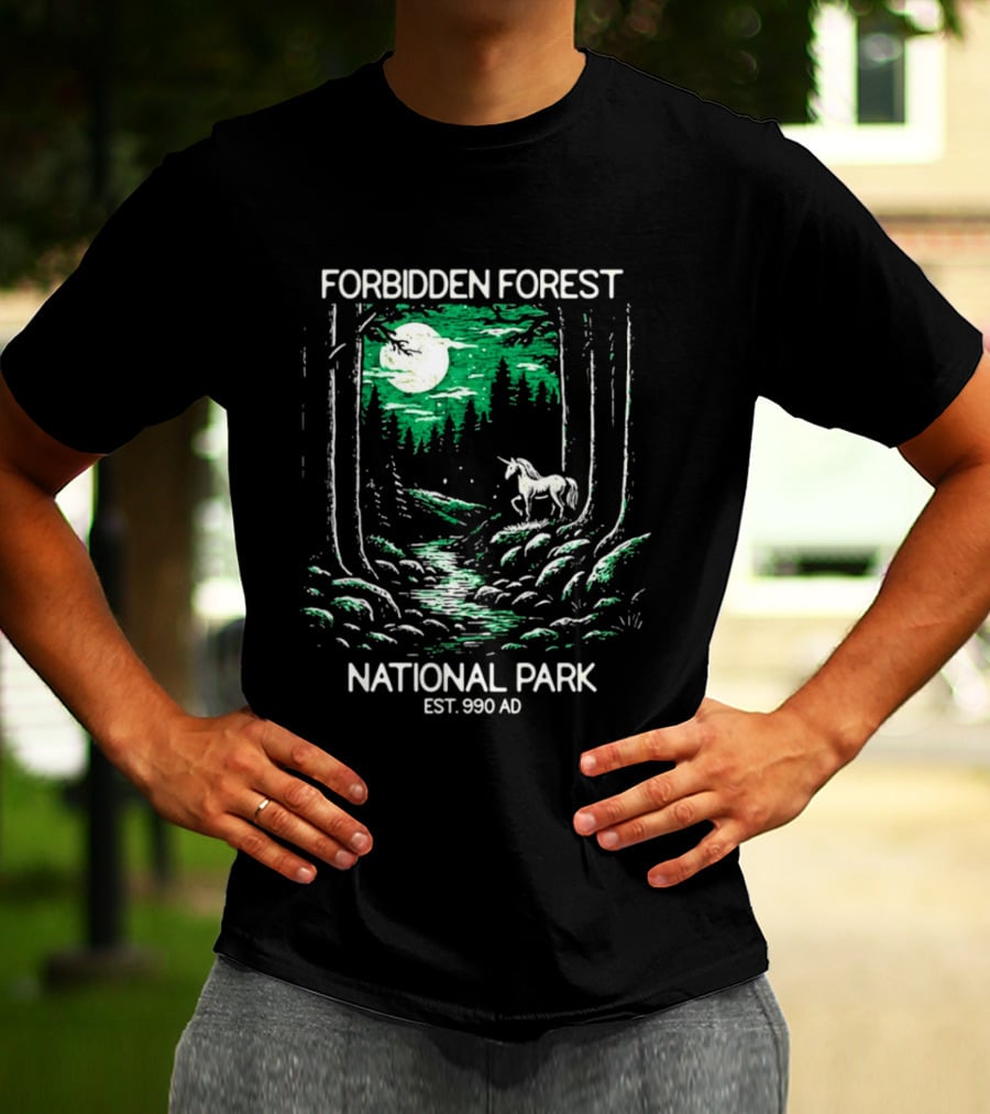 Forbidden Forest National Park Est 990 AD Moonlit Unicorn Scene T-Shirt