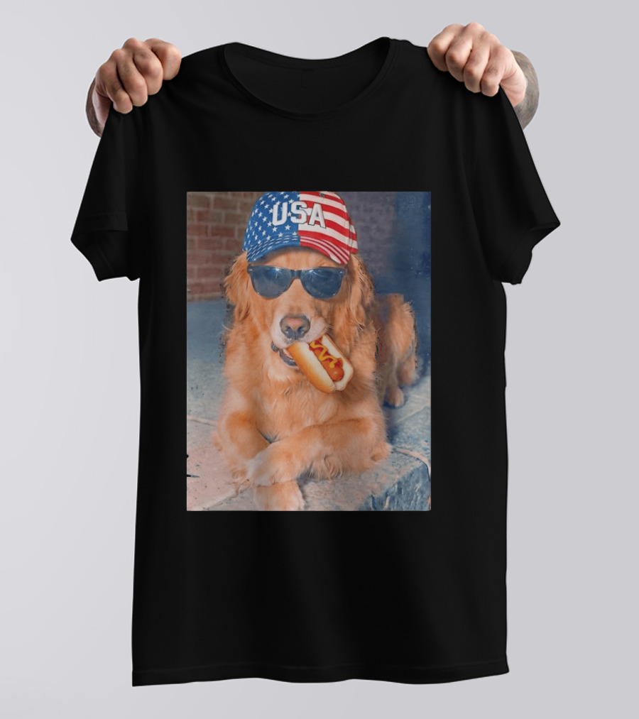 Golden Retriever With USA Hat Eating Hot Dog American Flag 4th Of July T-Shirt