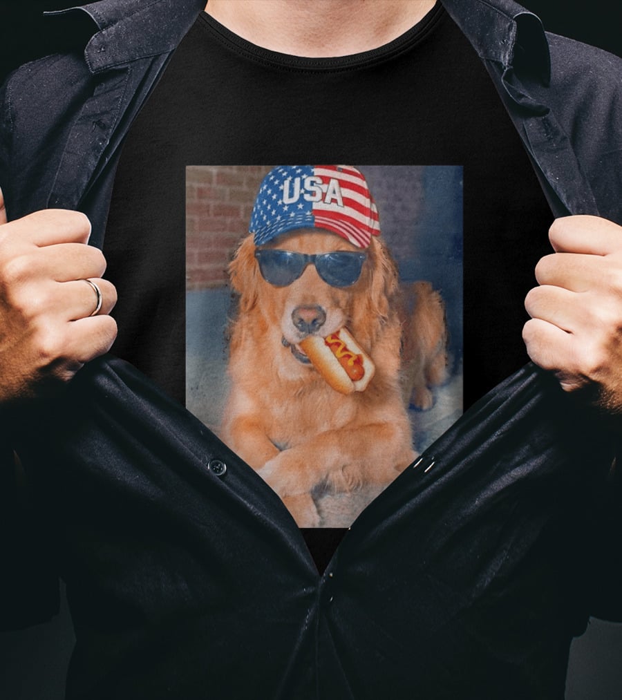 Golden Retriever With USA Hat Eating Hot Dog American Flag 4th Of July T-Shirt