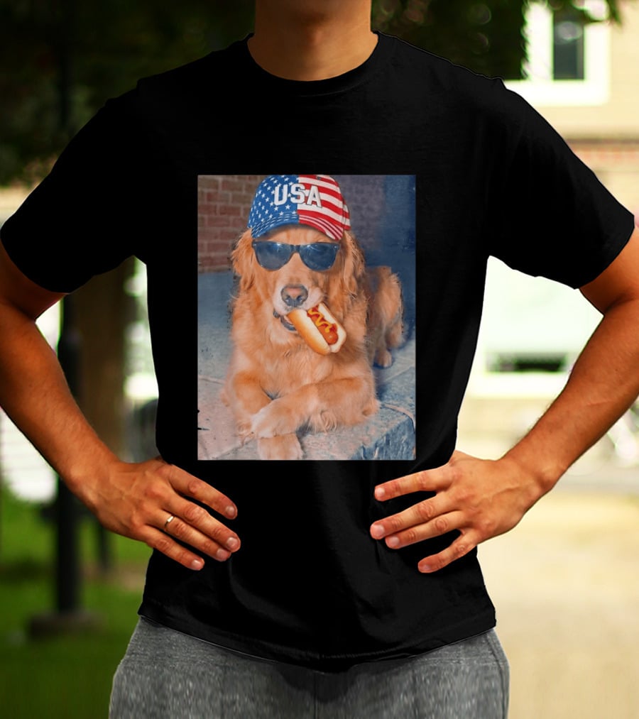 Golden Retriever With USA Hat Eating Hot Dog American Flag 4th Of July T-Shirt