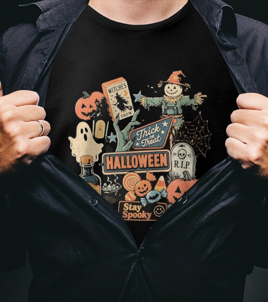 Halloween Trick Or Treat Stay Spooky Witches Brew Poison Nightmare R.I.P Ghost Pumpkins T-Shirt