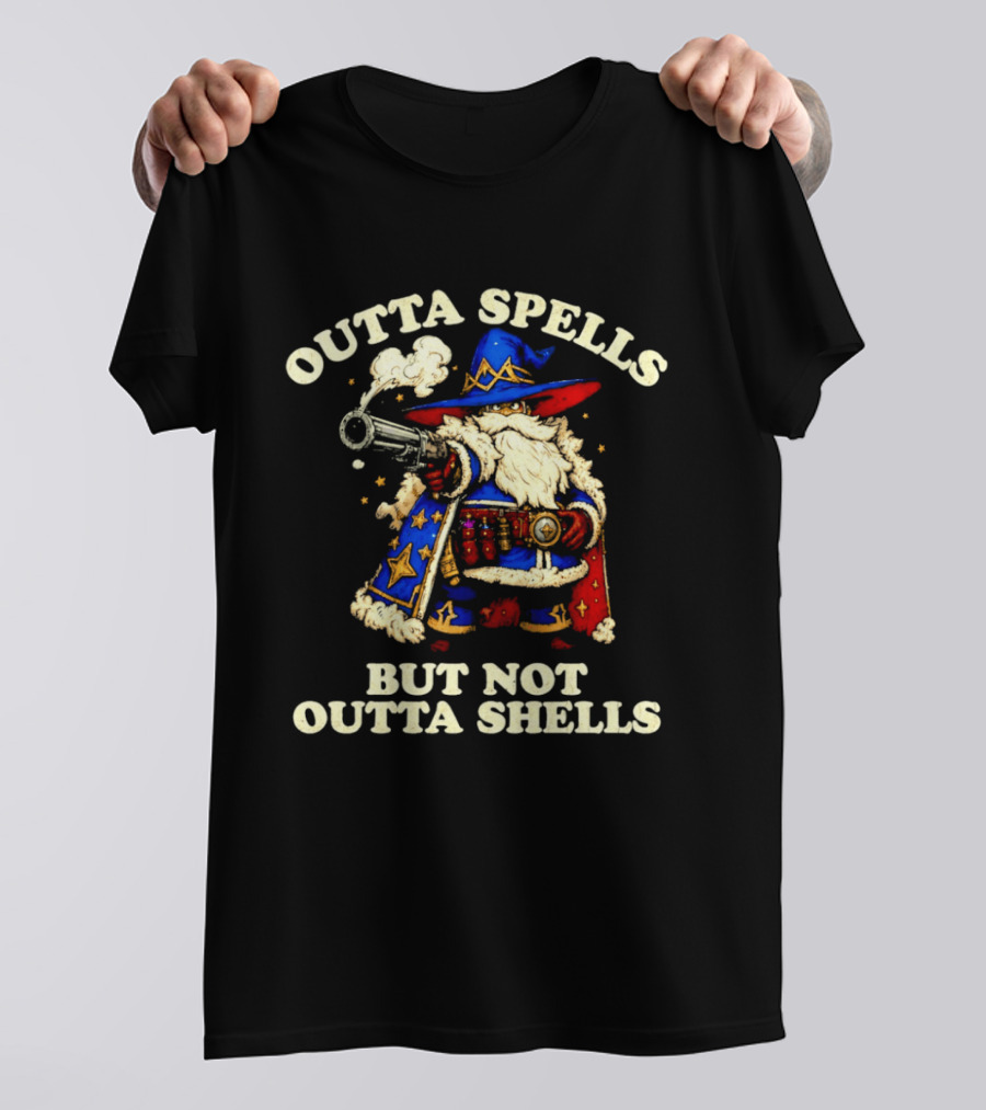 Outta Spells But Not Outta Shells Wizard With Shotgun Retro Magic Humor T-Shirt