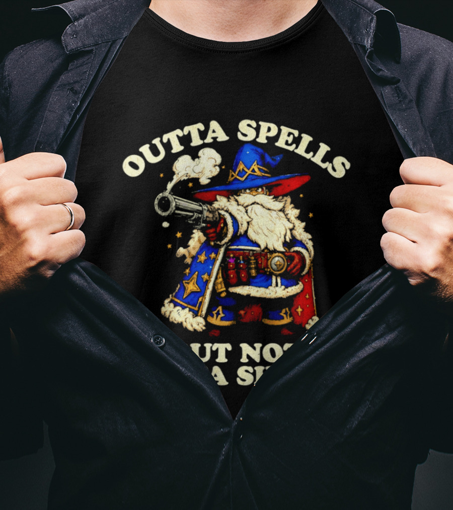 Outta Spells But Not Outta Shells Wizard With Shotgun Retro Magic Humor T-Shirt