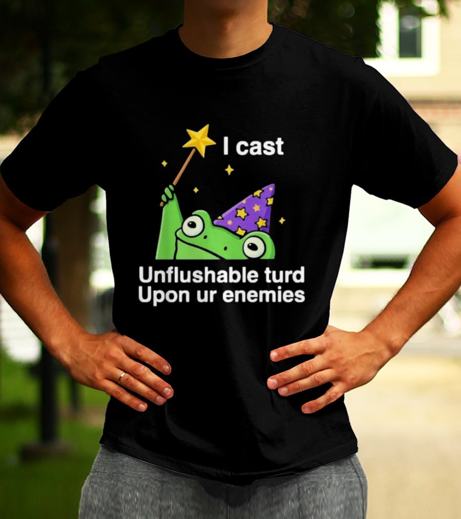 I Cast Unflushable Turd Upon Ur Enemies Frog Wizard Wand Stars Purple Hat T-Shirt