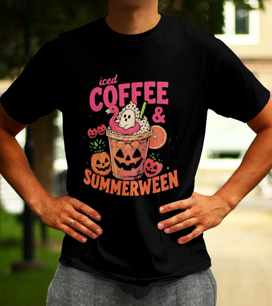 Iced Coffee And Summerween Spooky Tropical Fruit Halloween Jack O' Lantern Drink T-Shirt