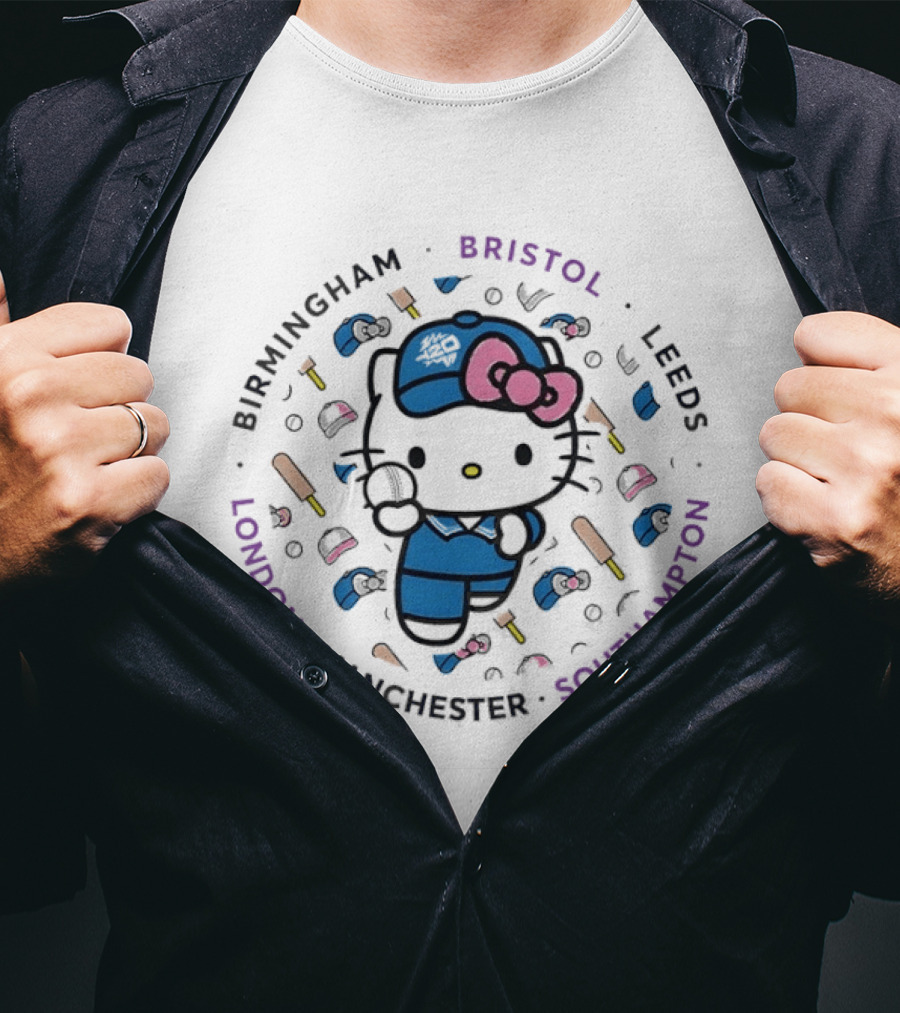 Hello Kitty Cricket Birmingham Bristol Leeds Southampton Manchester London T-Shirt