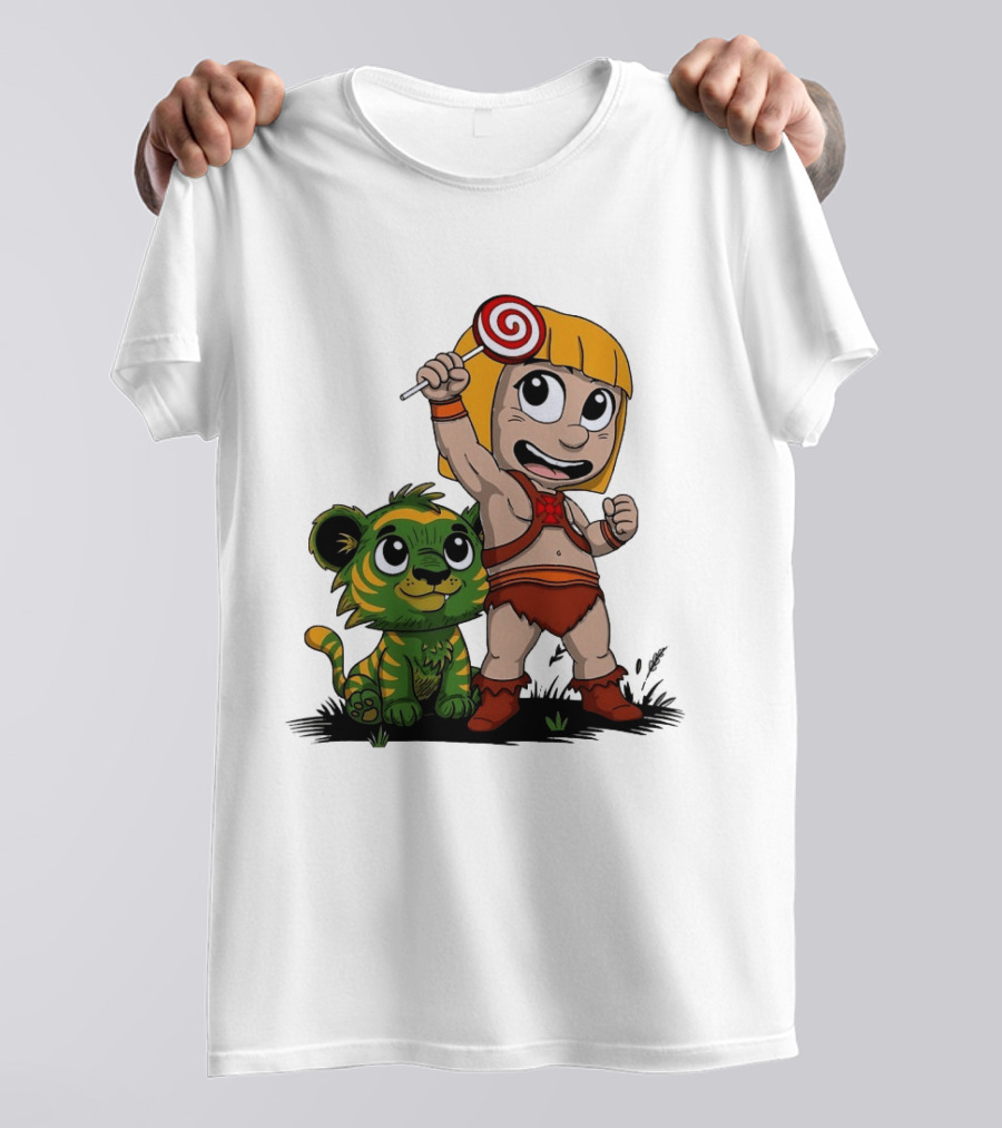 Jungle Kid Holding Lollipop With Playful Tiger Cub T-Shirt