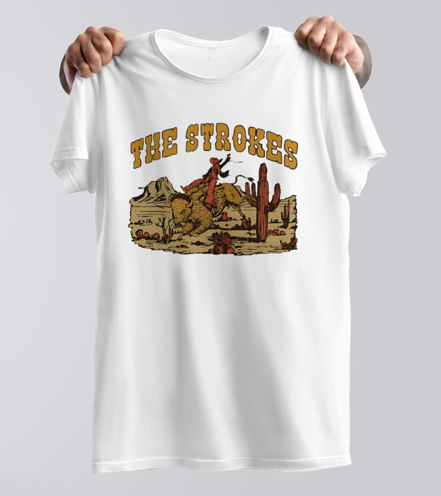 The Strokes Cowboy Riding Cheetah Desert Scene Classic Western T-Shirt