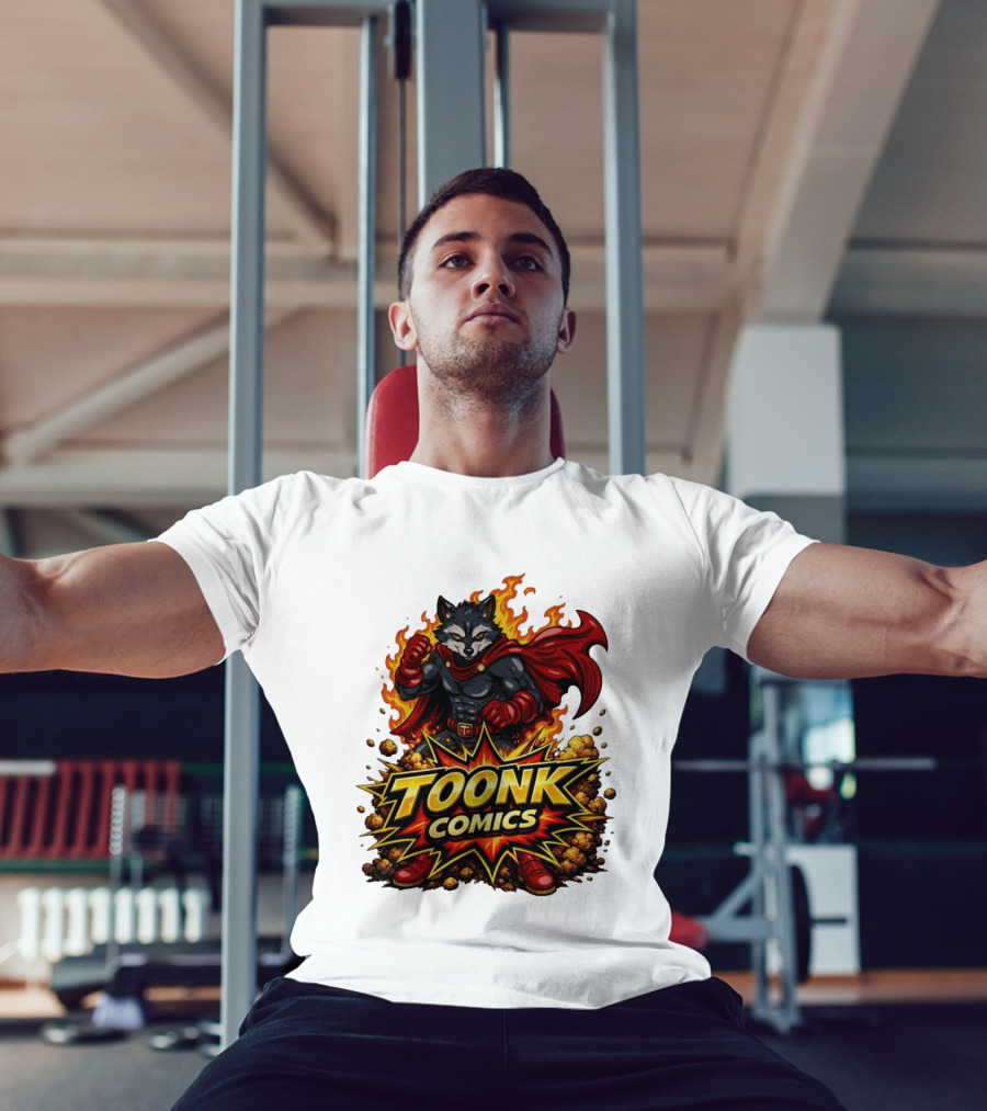 Toonk Comics Superhero Raccoon With Fiery Cape T-Shirt