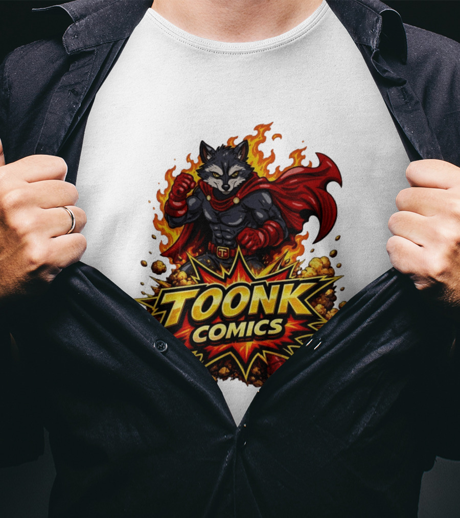 Toonk Comics Superhero Raccoon With Fiery Cape T-Shirt