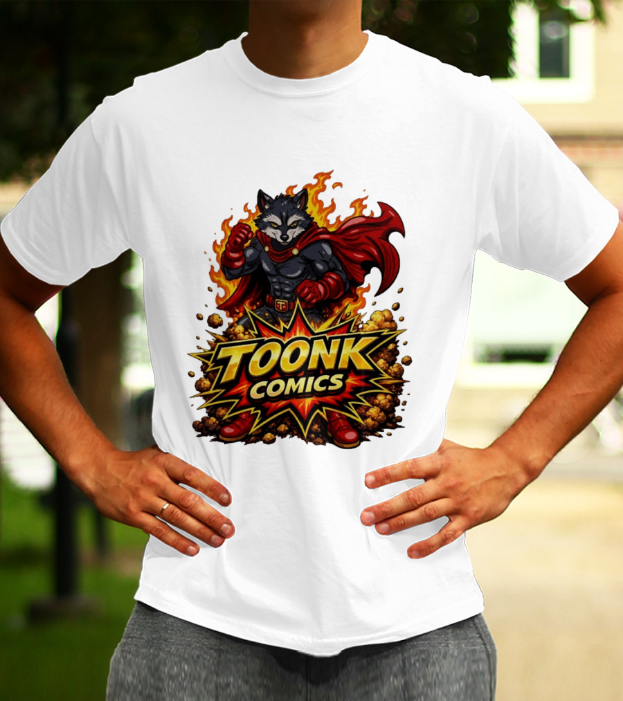 Toonk Comics Superhero Raccoon With Fiery Cape T-Shirt