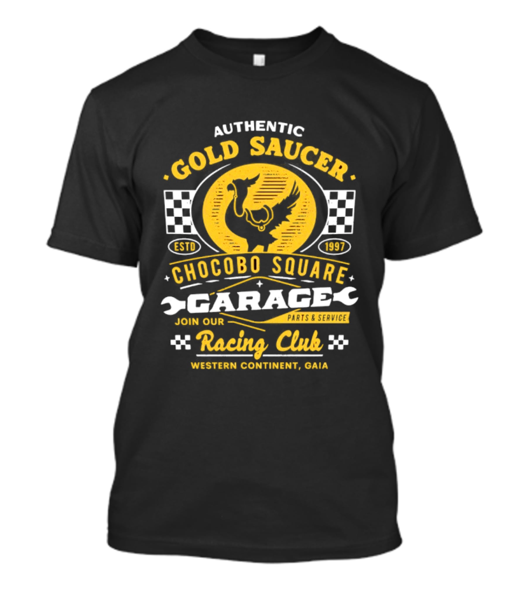 Authentic Gold Saucer Chocobo Square Garage Parts Service Racing Club Western Continent QUA T-Shirt
