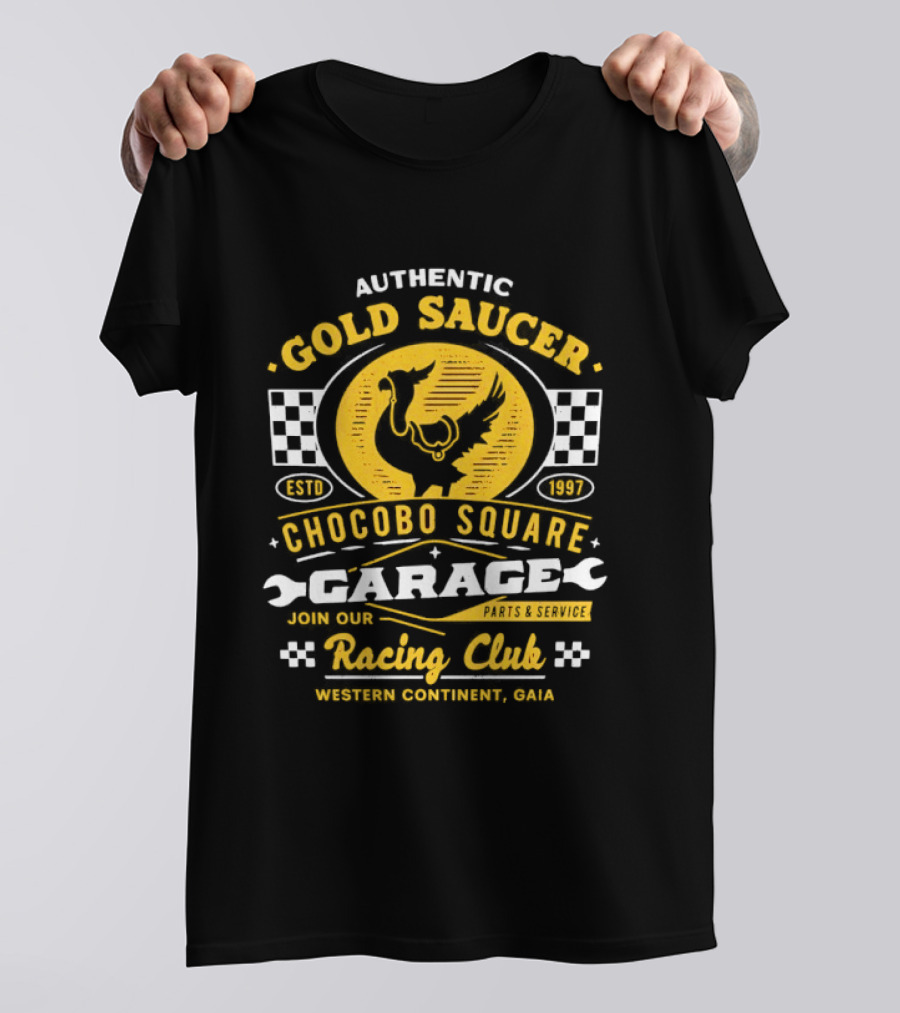 Authentic Gold Saucer Chocobo Square Garage Parts Service Racing Club Western Continent QUA T-Shirt