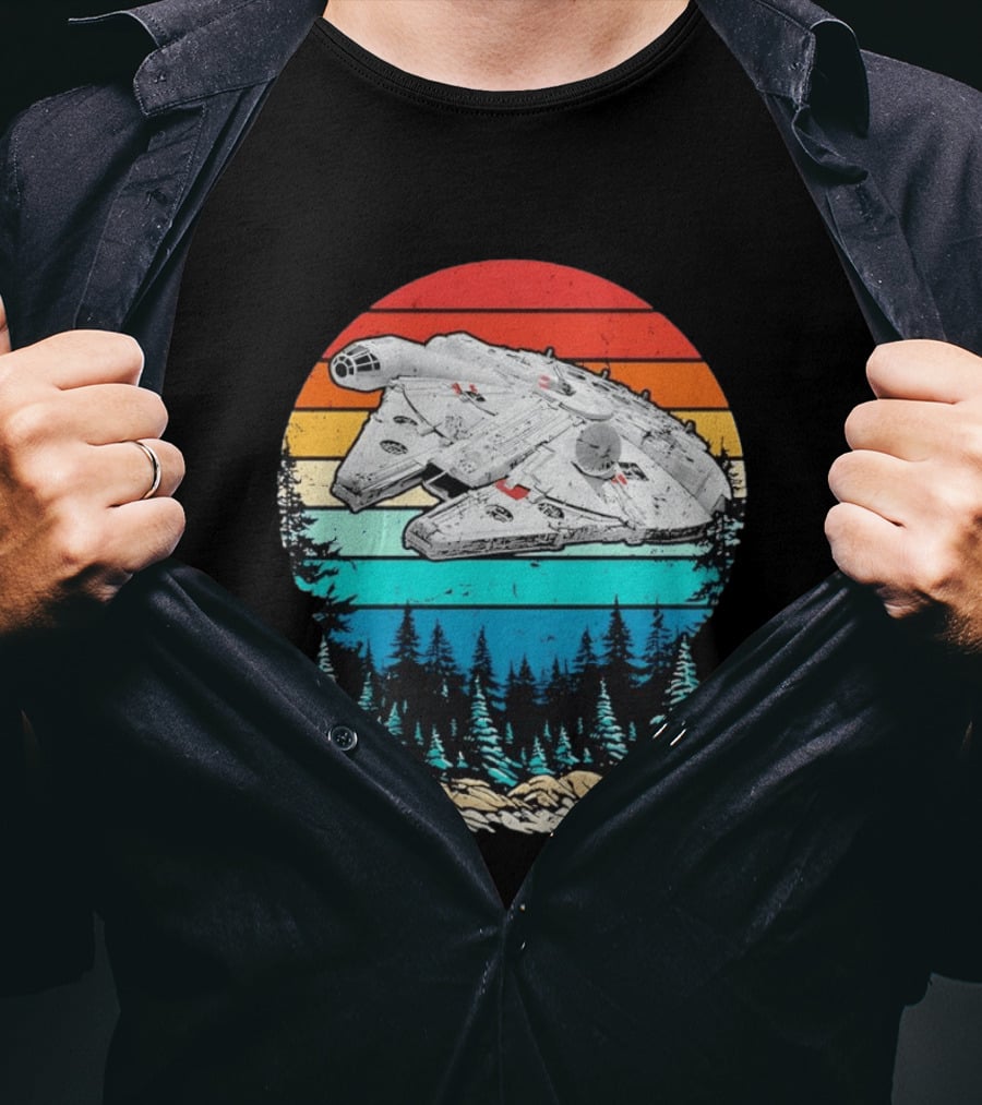 Millennium Falcon Endor Sunset Forest Scene T-Shirt