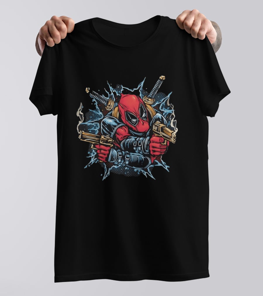 Deadpool Mercenary Dual Pistols And Katanas Action Scene T-Shirt