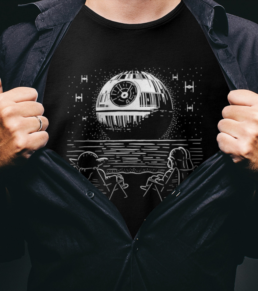 Yoda And Vader Relaxing By The Beach With Death Star In The Sky T-Shirt